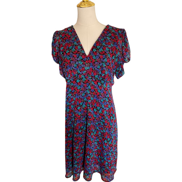 Calvin Klein Women's 10 Red Blue Floral Dress Polyester Short Sleeve V-Neck - Picture 1 of 11